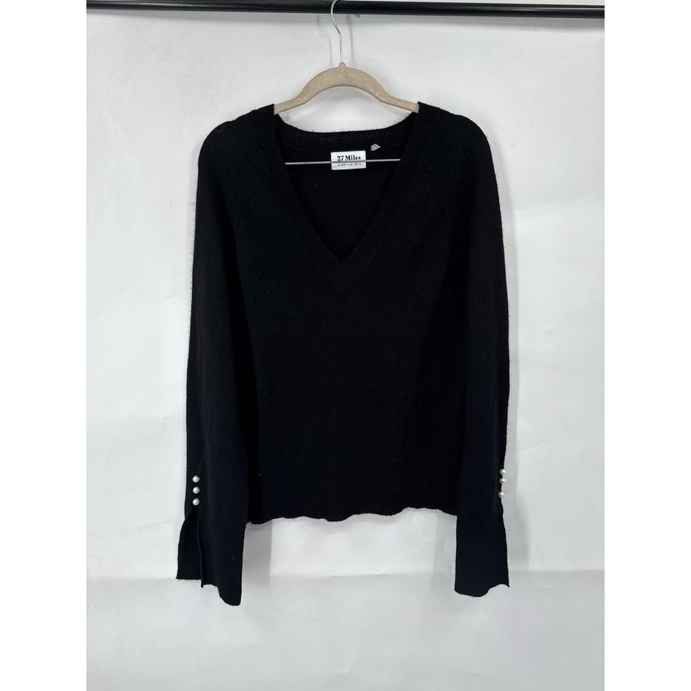 27 Miles 100% Cashmere Sweater Women Small Black Faux Pearl‎ Wide Flare Cuff